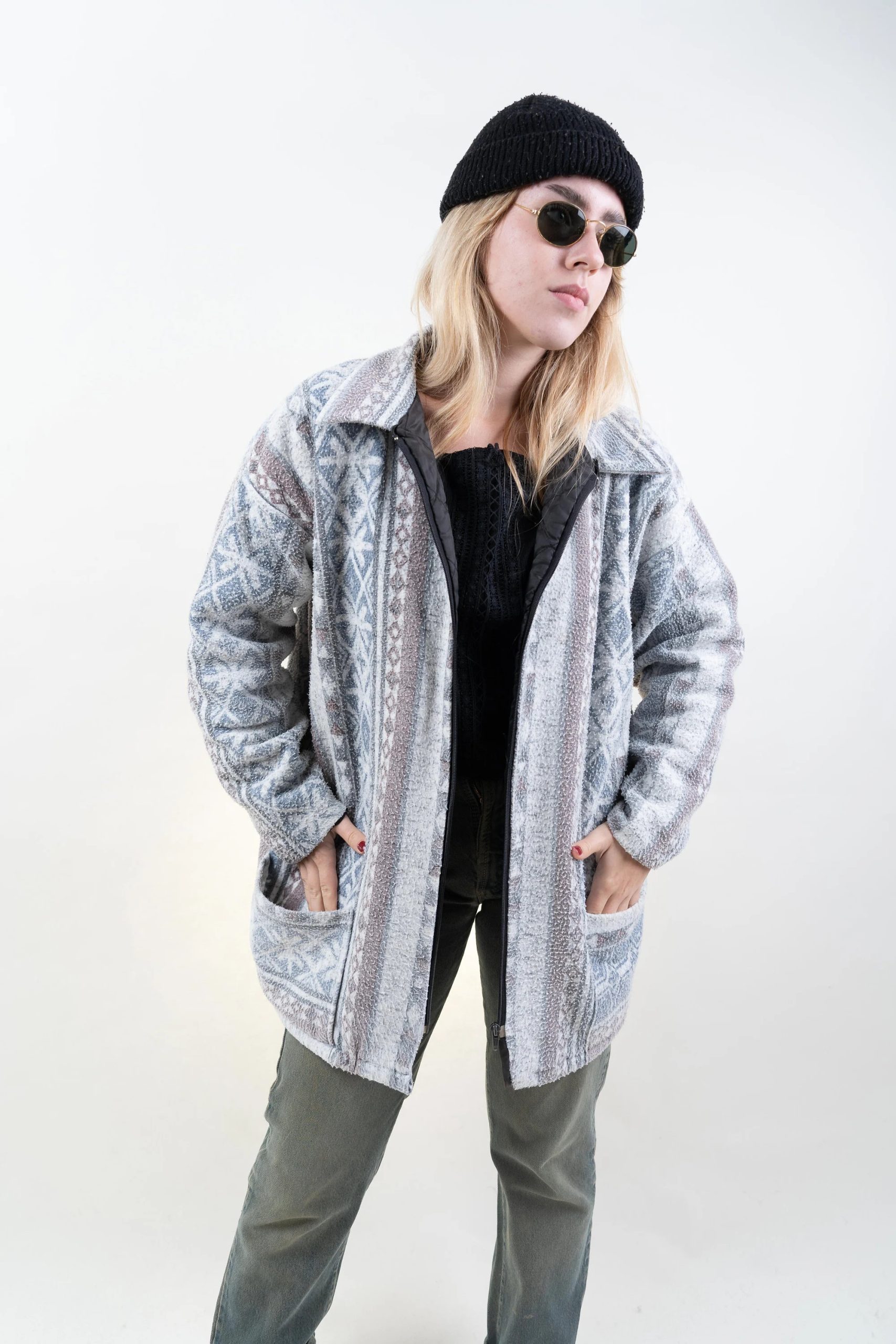 Nordic-style patterned fleece jacket