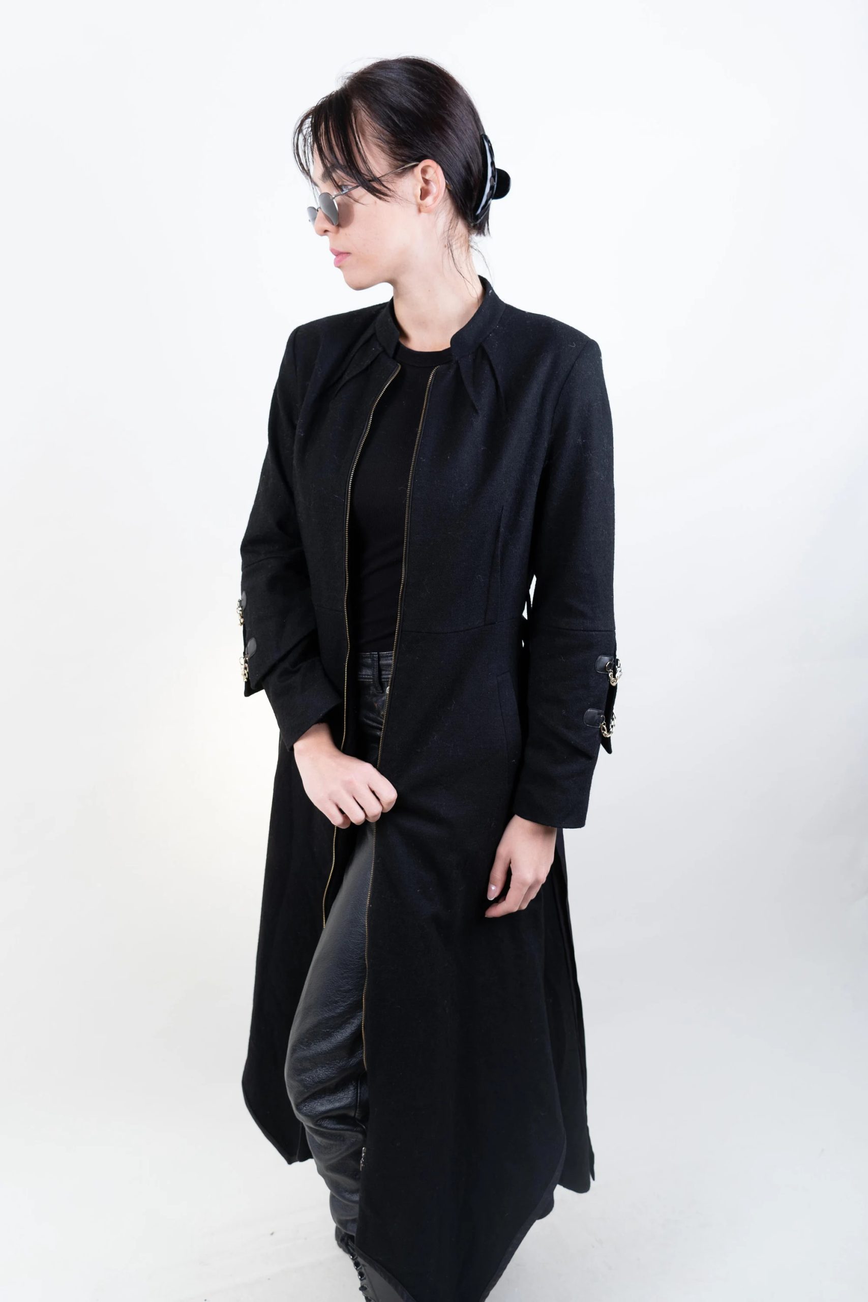 Collarless belted wrap coat